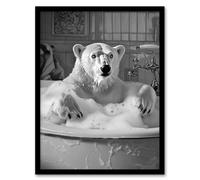 Artery8 Framed Wall Art Polar Bear Bathtub Bubble Bath Black White Funny Print - 12X16 Inch