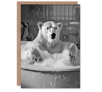 Artery8 Greeting Card Polar Bear Bathtub Bubble Bath Black White Funny Blank For Him Or Her Art Birthday Card
