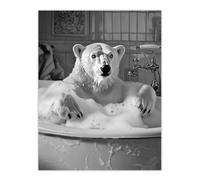 Artery8 Unframed Wall Art Polar Bear Bathtub Bubble Bath Black White Funny - 12X16 Inch
