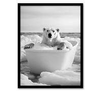 Artery8 Polar Bear In Bathtub Black White Arctic Seascape Framed Art Print in Grey | Size: W12" x H16" Artery8 Grey W12" x H16"