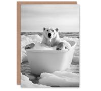 Artery8 Greeting Card Polar Bear In Bathtub Black White Arctic Seascape Blank For Him Or Her Art Birthday Card