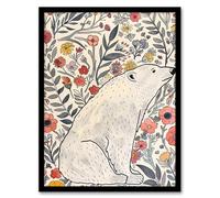 Artery8 Polar Bear Wildflower Pattern Soft Watercolour Living Room Artwork Framed Wall Art Print A4