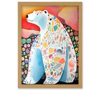 Polar Bear With Mosaic Pattern Folk Art Artwork Framed Wall Art Print A4 Artery8 Light Oak One Size