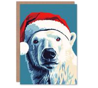 Artery8 Polar Bear With Santa Hat Blue Red Blank For Him Or Her Art Xmas Festive Christmas Card