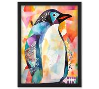 Artery8 Polygon Colour Penguin Folk Art Artwork Framed Wall Art Print A4 in Black Artery8 Black