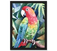 Artery8 Polygon Parrot Bird On Tree Branch Watercolour Painting Artwork Framed A3 Wall Art Print