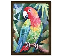 Artery8 Polygon Parrot Bird On Tree Branch Watercolour Painting Artwork Framed A3 Wall Art Print