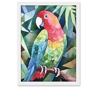 Artery8 Polygon Parrot Bird On Tree Branch Watercolour Painting Artwork Framed A3 Wall Art Print