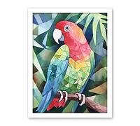 Artery8 Polygon Parrot Bird On Tree Branch Watercolour Painting Artwork Framed Wall Art Print 18X24 Inch