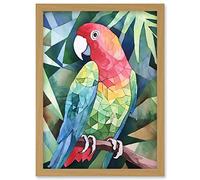 Artery8 Polygon Parrot Bird On Tree Branch Watercolour Painting Artwork Framed Wall Art Print A4