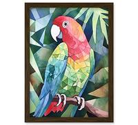Artery8 Polygon Parrot Bird On Tree Branch Watercolour Painting Artwork Framed Wall Art Print A4