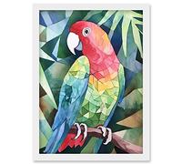 Artery8 Polygon Parrot Bird On Tree Branch Watercolour Painting Artwork Framed Wall Art Print A4