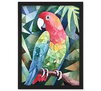 Artery8 Polygon Parrot Bird On Tree Branch Watercolour Painting Artwork Framed Wall Art Print A4