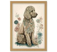Artery8 Poodle Dog with Flower Fur Coat Modern Boho Watercolour Illustration Artwork Framed Wall Art Print A4 in Light Oak Artery8 Light Oak