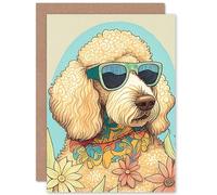 Artery8 Poodle Dog with Sunglasses and Bandana in Daisies Modern Multicoloured Illustration Art Birthday Sealed Greeting Card Plus Envelope Blank inside