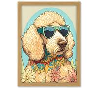 Artery8 Poodle Dog with Sunglasses and Bandana in Daisies Modern Multicoloured Illustration Artwork Framed A3 Wall Art Print