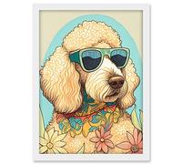 Artery8 Poodle Dog with Sunglasses and Bandana in Daisies Modern Multicoloured Illustration Artwork Framed A3 Wall Art Print