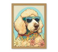 Artery8 Poodle Dog with Sunglasses and Bandana in Daisies Modern Multicoloured Illustration Artwork Framed Wall Art Print 18X24 Inch