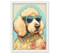 Artery8 Poodle Dog with Sunglasses & Bandana in Daisies Modern Multicoloured Illustration Artwork Framed Wall Art Print A4 in White Artery8 White