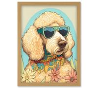Artery8 Poodle Dog with Sunglasses & Bandana in Daisies Modern Multicoloured Illustration Artwork Framed Wall Art Print A4 in Light Oak Artery8 Light Oak