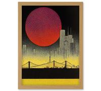 Artery8 Pop Art Red Sunset Sun Over Manhattan Bridge Skyline Black Yellow Grey Artwork Framed Wall Art Print A4 in Light Oak Artery8 Light Oak