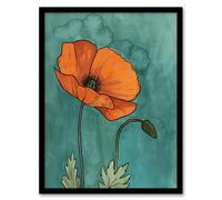 Artery8 Poppy Flower Bloom Teal Orange Floral Watercolour Living Room Artwork Framed Wall Art Print A4