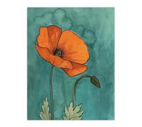 Artery8 Poppy Flower Bloom Teal Orange Floral Watercolour Living Room Large Wall Art Poster Print Thick Paper 18X24 Inch