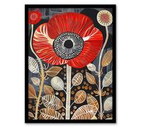 Artery8 Poppy Flower Red Gold Grey Modern Folk Art Framed Art Print | Size: A4 Artery8 Red A4