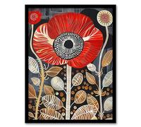 Poppy Flower Red Gold Grey Modern Folk Art Framed Art Print Artery8 Red A4