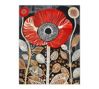 Poppy Flower Red Gold Grey Modern Folk Art Wall Art Print Artery8 Red W24 inch x H32 inch