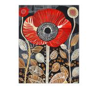 Artery8 Poppy Flower Red Gold Grey Modern Folk Art Wall Art Print | Size: W12" x H16" Artery8 Red W12" x H16"