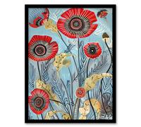 Artery8 Poppy Flowers Modern Folk Art Painting Quirky Framed Art Print in Blue | Size: W12" x H16" Artery8 Blue W12" x H16"
