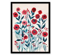 Poppy Flowers Red Teal Bright Floral Watercolour Framed Wall Art Artery8 Red A4