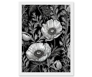 Artery8 Poppy Wild Flower Pattern Black and White Linocut Artwork Framed A3 Wall Art Print