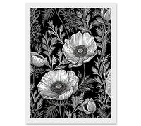 Artery8 Poppy Wild Flower Pattern Black and White Linocut Artwork Framed Wall Art Print A4