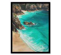 Artery8 Porthcurno Beach Cliffs Aerial View Landscape Living Room Artwork Framed Wall Art Print 18X24 Inch