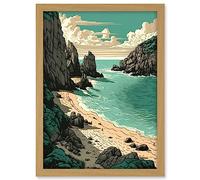 Artery8 Porthcurno Beach Coastal Landscape Illustration Artwork Framed A3 Wall Art Print
