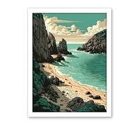 Artery8 Porthcurno Beach Coastal Landscape Illustration Artwork Framed Wall Art Print 18X24 Inch