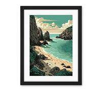 Artery8 Porthcurno Beach Coastal Landscape Illustration Artwork Framed Wall Art Print 18X24 Inch