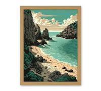 Artery8 Porthcurno Beach Coastal Landscape Illustration Artwork Framed Wall Art Print 18X24 Inch