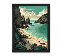 Artery8 Porthcurno Beach Coastal Landscape Illustration Artwork Framed Wall Art Print 18X24 Inch