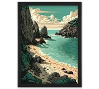 Artery8 Porthcurno Beach Coastal Landscape Illustration Artwork Framed Wall Art Print A4