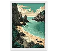 Artery8 Porthcurno Beach Coastal Landscape Illustration Artwork Framed Wall Art Print A4
