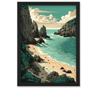 Artery8 Porthcurno Beach Coastal Landscape Illustration Artwork Framed Wall Art Print A4