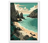 Artery8 Porthcurno Beach Coastal Landscape Illustration Artwork Framed Wall Art Print A4 in White Artery8 White
