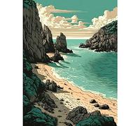 Artery8 Porthcurno Beach Coastal Landscape Illustration Extra Large XL Wall Art Poster Print