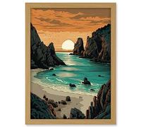 Artery8 Porthcurno Beach Sunrise Coastal Landscape Artwork Framed A3 Wall Art Print