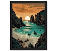 Artery8 Porthcurno Beach Sunrise Coastal Landscape Artwork Framed A3 Wall Art Print