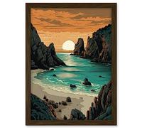 Artery8 Porthcurno Beach Sunrise Coastal Landscape Artwork Framed A3 Wall Art Print