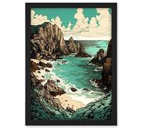 Artery8 Porthcurno Granite Cliff Beach Coastal Landscape Artwork Framed A3 Wall Art Print